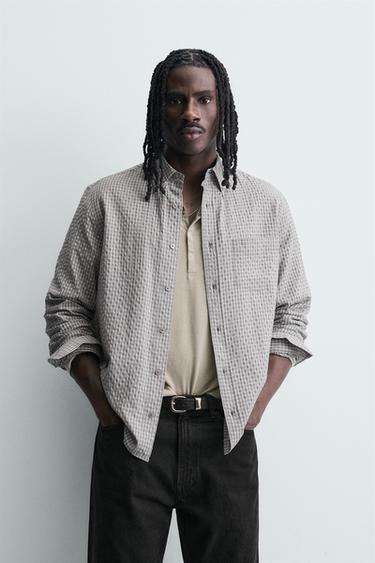 CAMISA CUADROS TEXTURA - Blanco / Granate de Zara