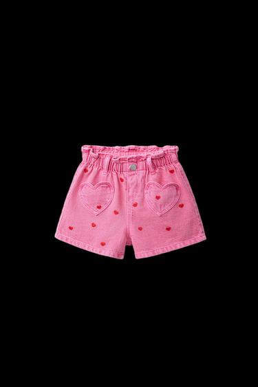 BERMUDA DENIM PAPERBAG CORAZONES BORDADOS - Rosa de Zara