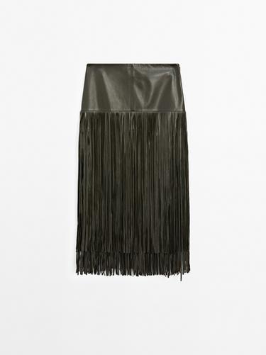 Zara Nappa leather midi skirt with fringing - Studio - Green