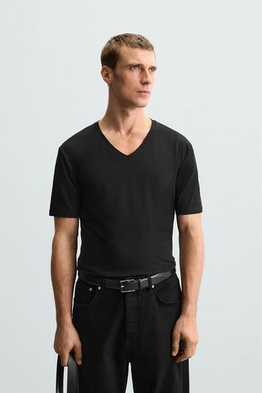 Zara BASIC V-NECK T-SHIRT - Black
