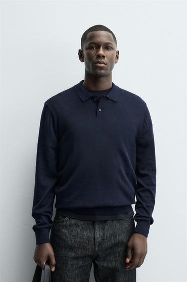Zara 100% WOOL KNIT POLO SHIRT - Navy blue