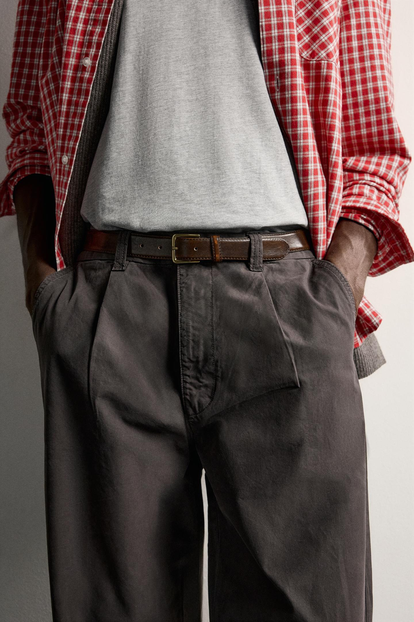 Мужские брюки Zara Relaxed Fit Pleated Chino, цвет: Тёмный коричневый — фото 5