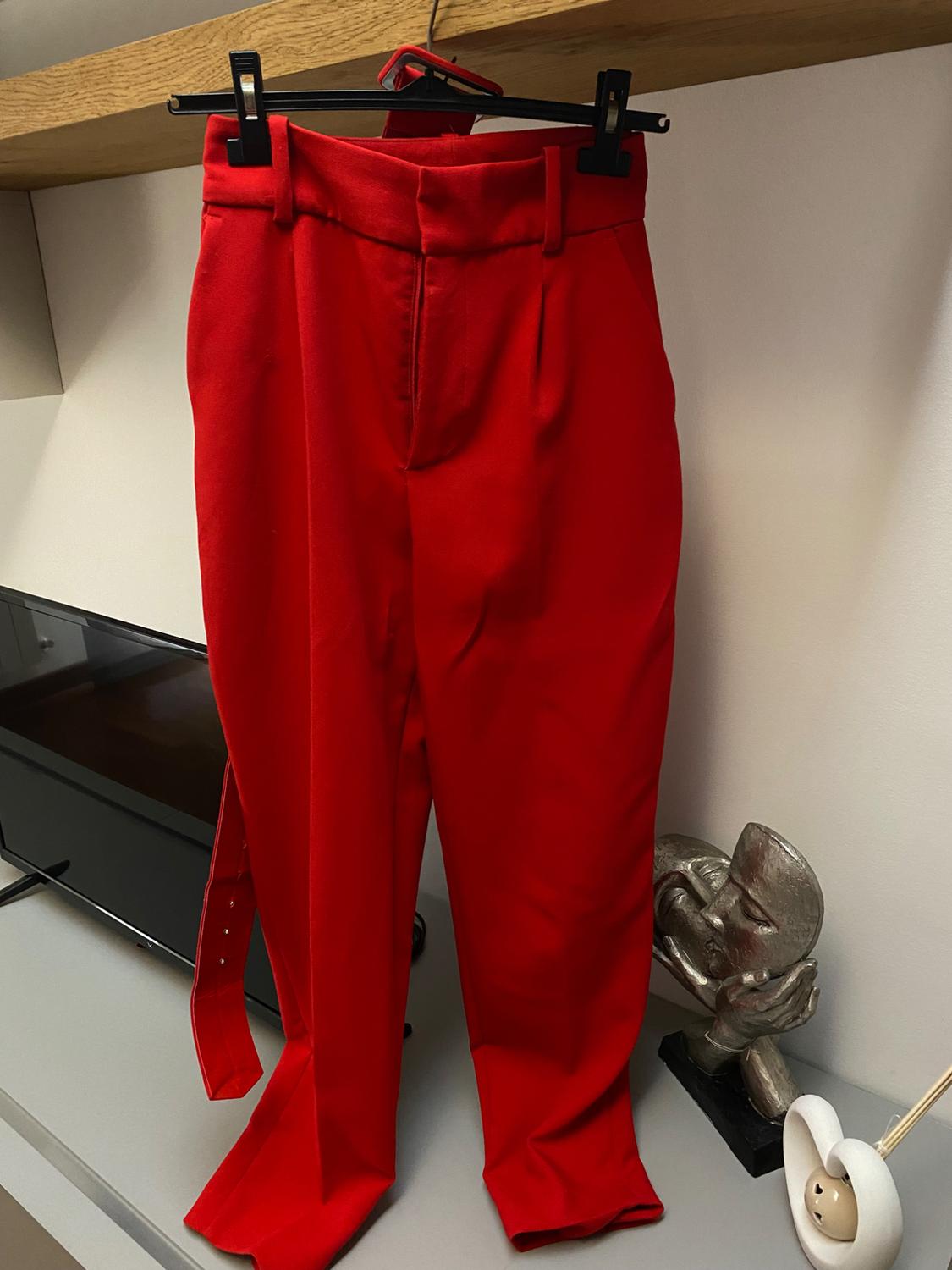 Red trousers hanging on a hanger over a grey table, next to a metallic sculpture of a pensive face.