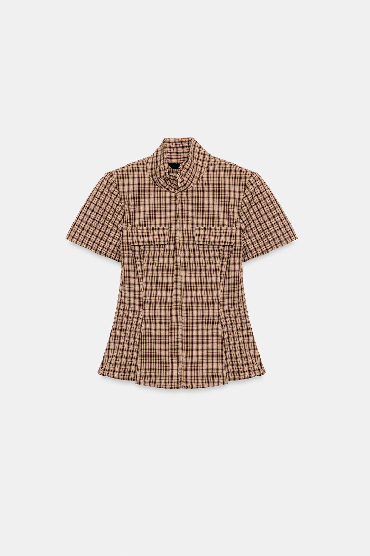 Женский топ Zara Plaid Zip-Up Top, цвет: Бежевый коричневый — фото 5
