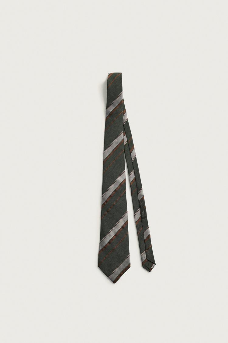 STRIPED WOOL AND SILK TIE — Khaki