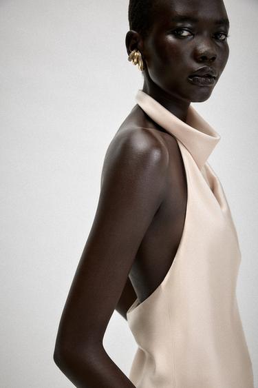 Zara SATIN EFFECT HALTER TOP - Sand
