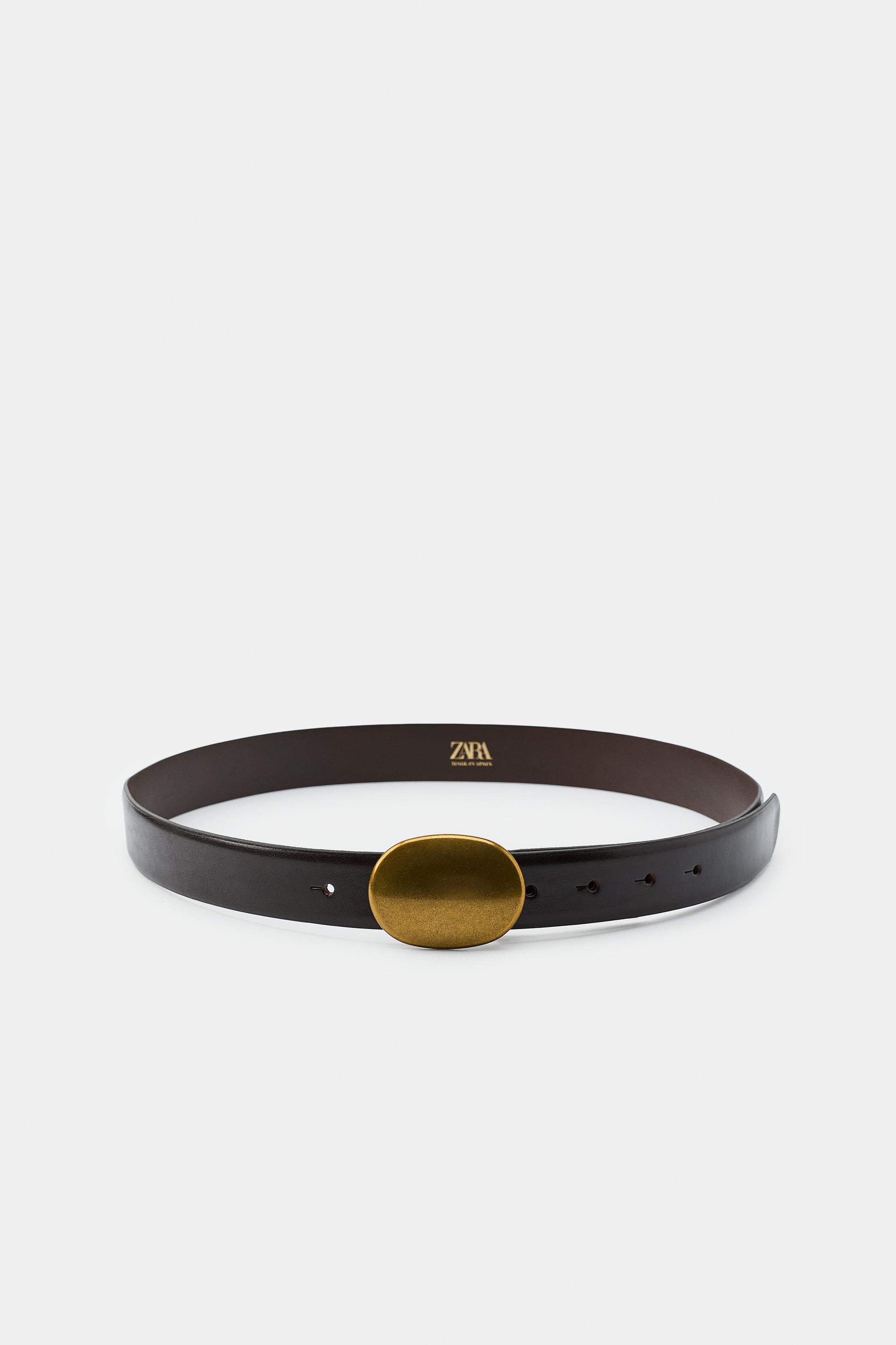 100% LEATHER PLAQUE BUCKLE BELT — Brown