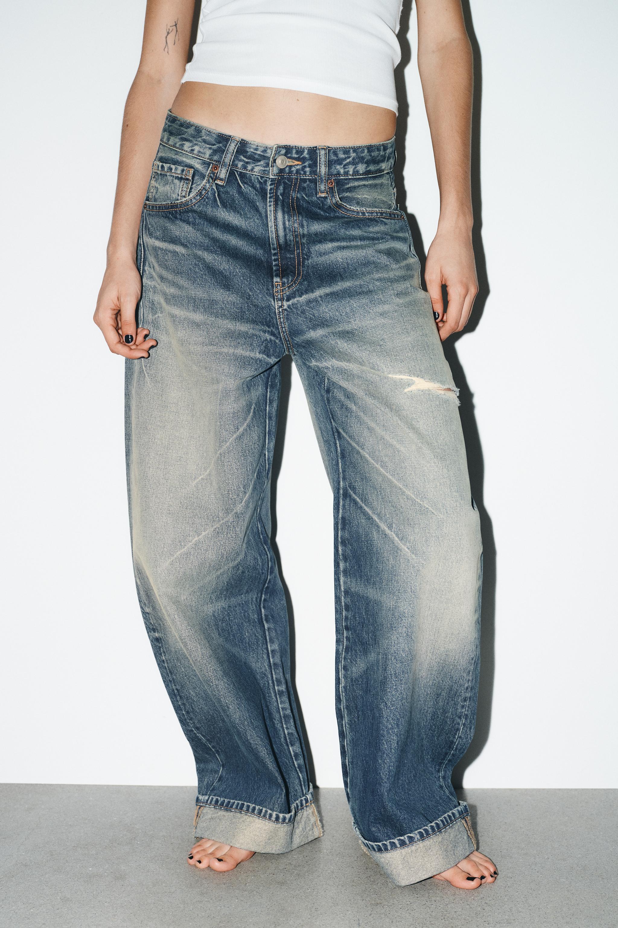 TRF MID-RISE RIPPED BAGGY FOLDED JEANS