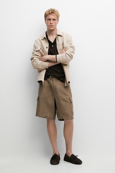 Zara 100% linen cargo Bermuda shorts - Khaki - Image 0