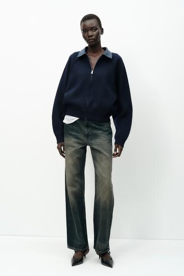 CHAQUETA BOMBER CUELLO EFECTO PIEL - marino de Zara - Imagen 0