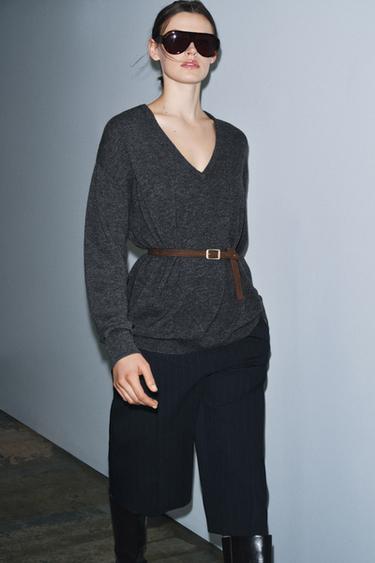 Zara 100% WOOL OVERSIZED BELTED JUMPER - Gray