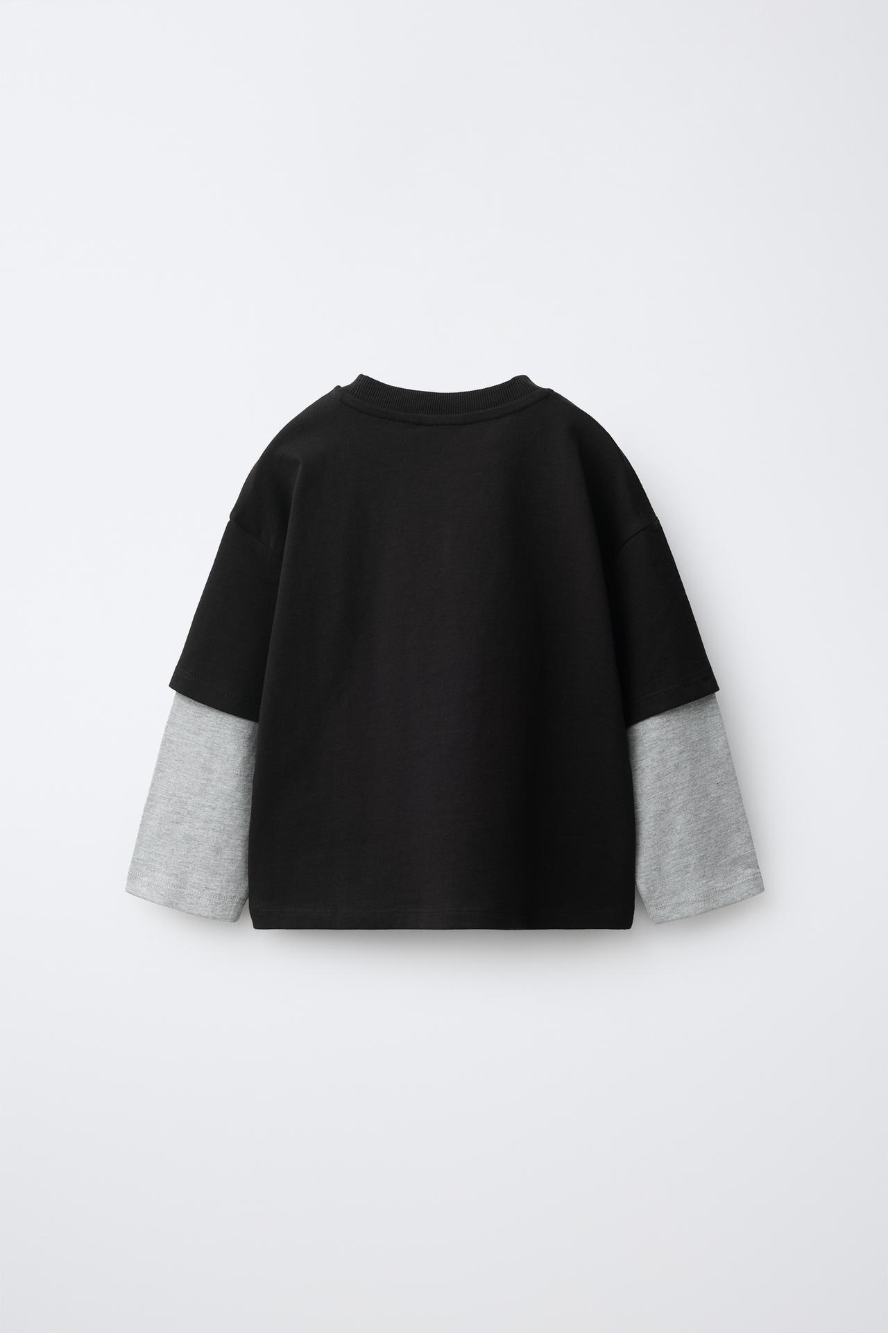 DOUBLE LONG SLEEVE TEXT T-SHIRT — Black