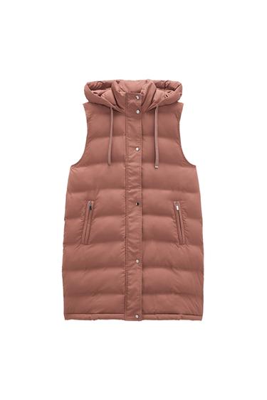 Front view of a brown quilted gilet with a hood and side zip pockets.
