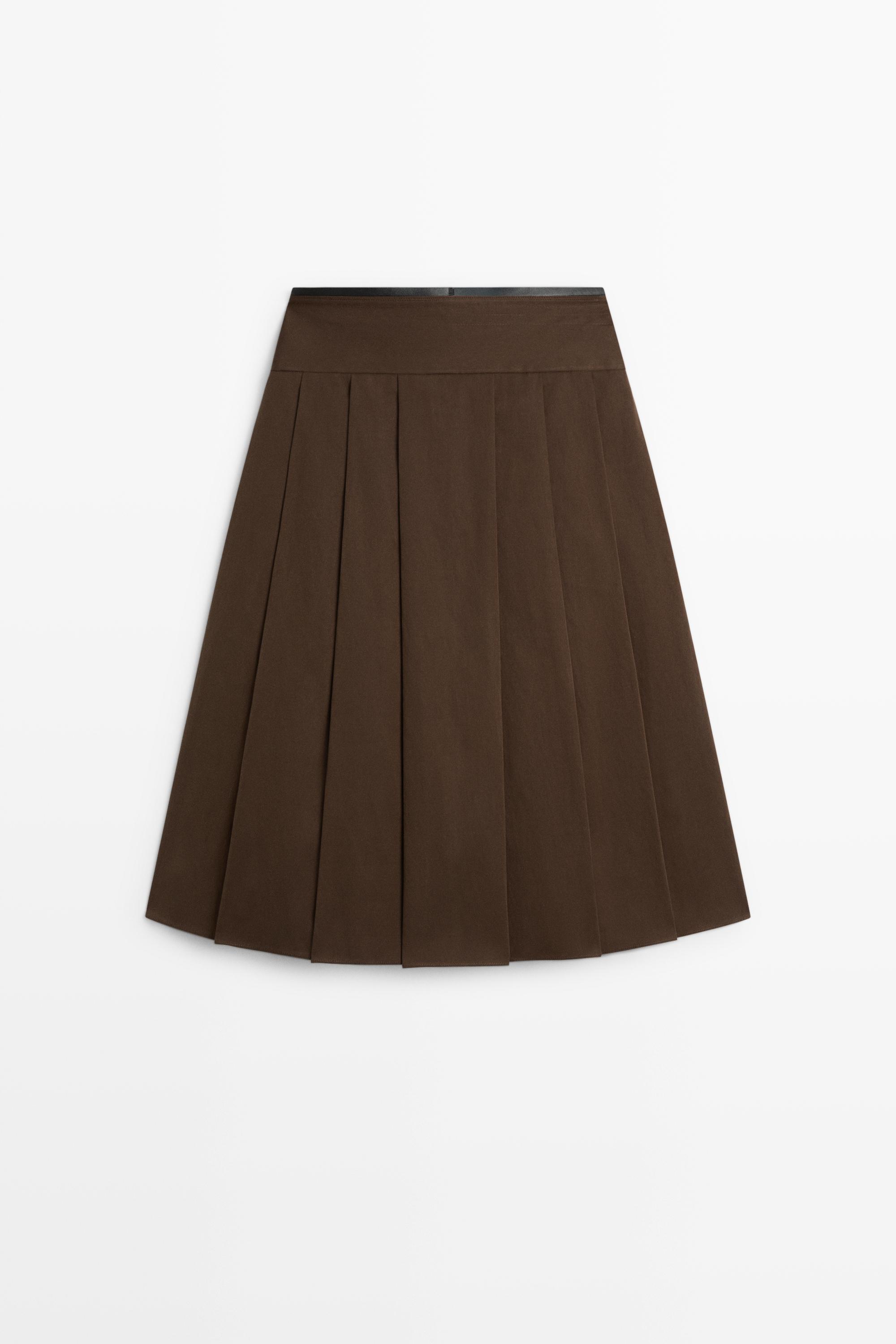 Jupe midi plissée détail cuir