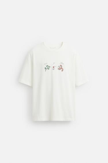 CONTRAST EMBROIDERY T-SHIRT - Oyster-white by Zara
