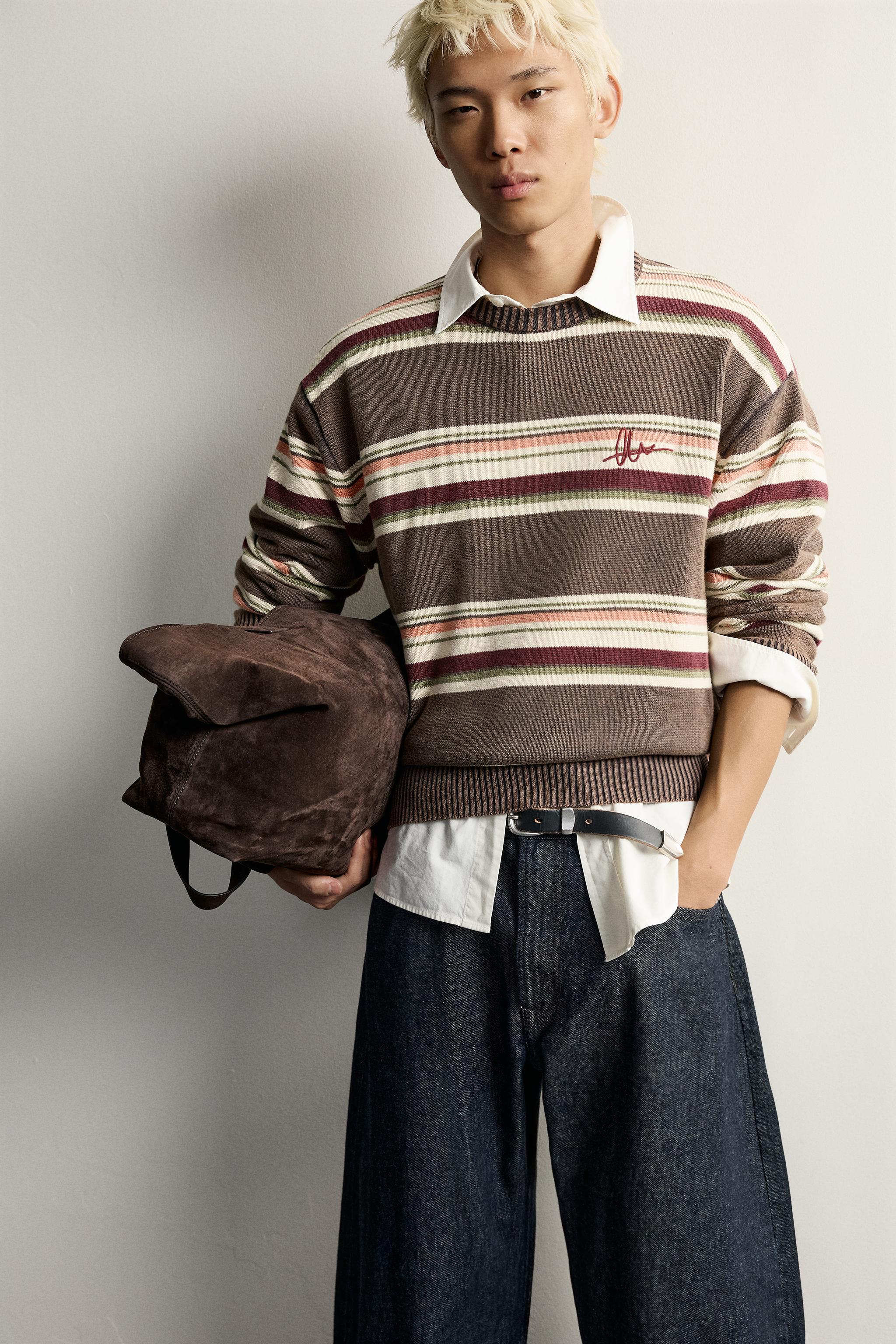のん着用✨Stripe Jacquard High Neck Knitted STRIPED EMBROIDERED JACQUARD JUMPER - Brown | ZARA United States