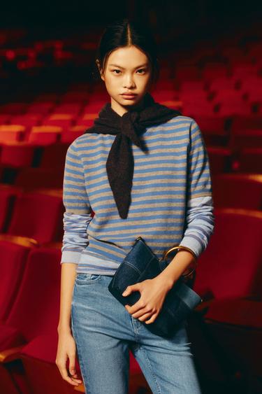 Zara 100% 羊毛短袖條紋針織衫 - 灰色 / 藍色