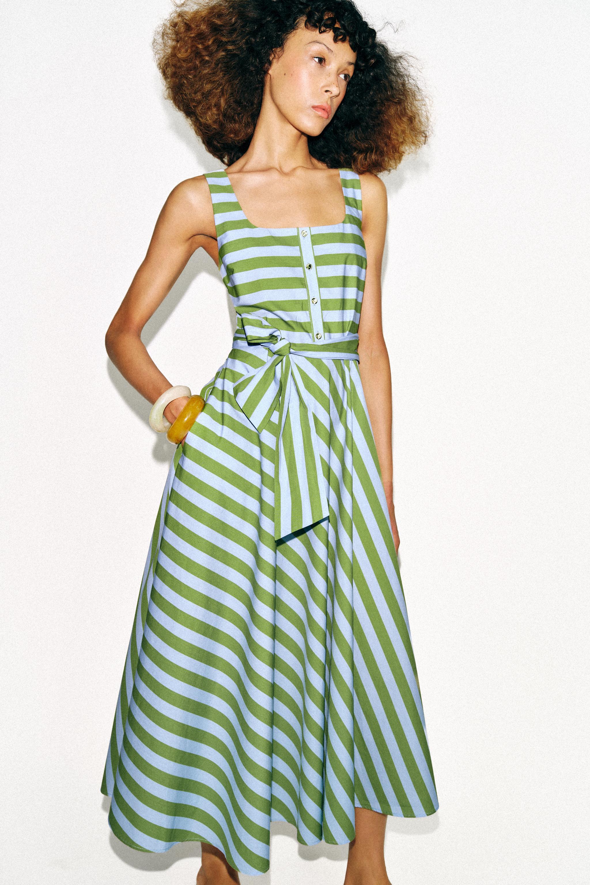 STRIPED BELTED MIDI DRESS