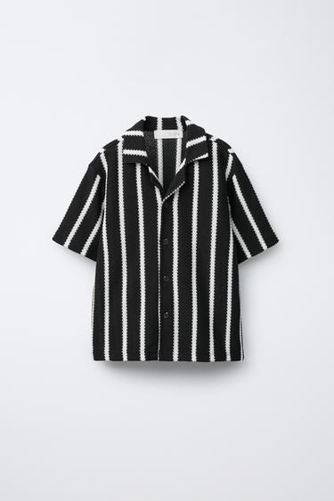 STRIPED TEXTURED CAMP COLLAR SHIRT - Ecru / Black by Zara