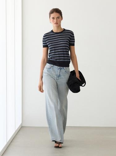 Zara Short sleeve sweater with striped detail - Navy blue - Image 0