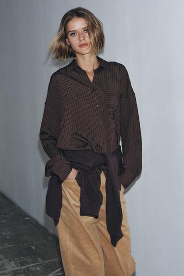 Zara ZW COLLECTION FLOWY STRIPED SHIRT - Brown