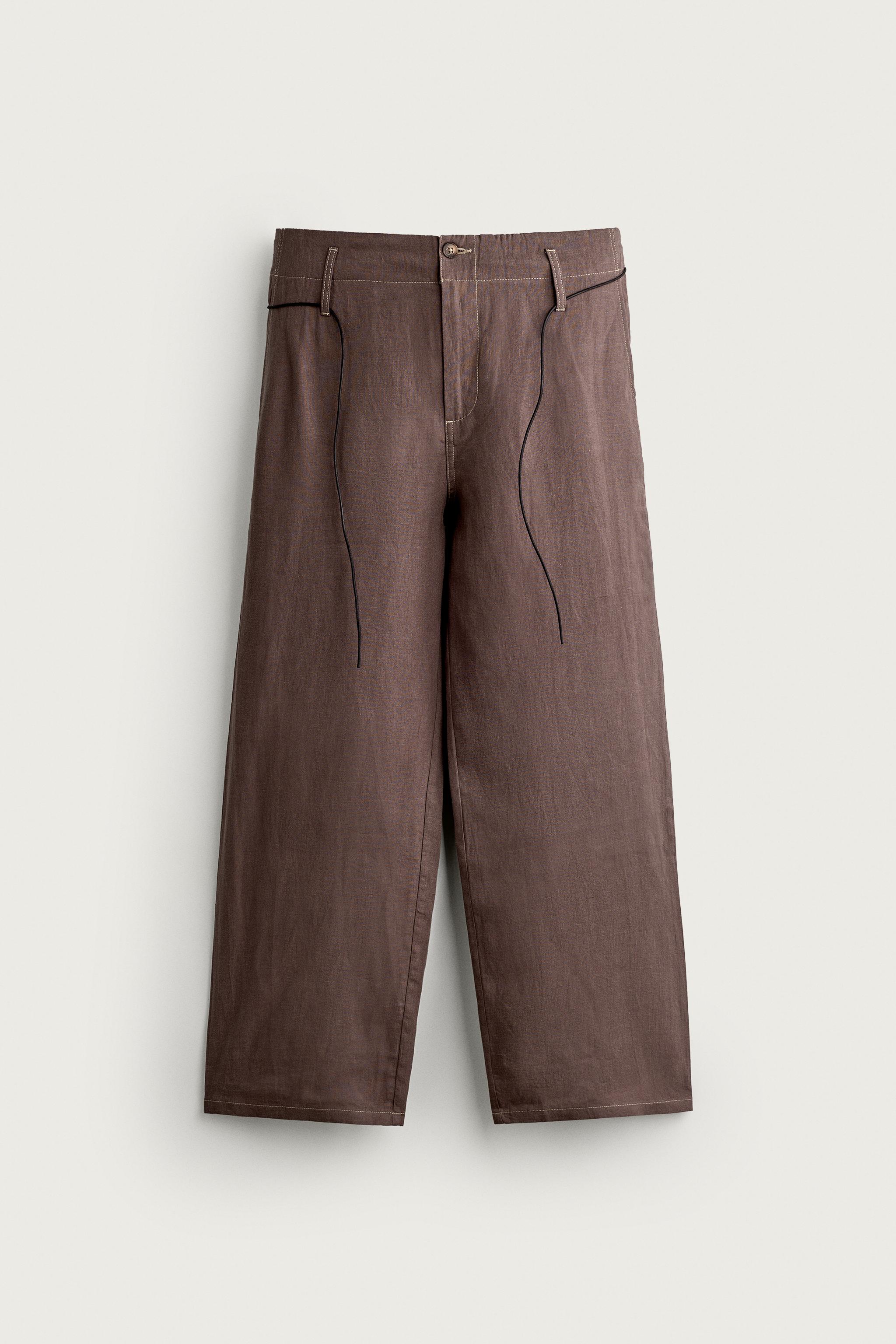 100% LINEN RELAXED FIT PANTS — Brown