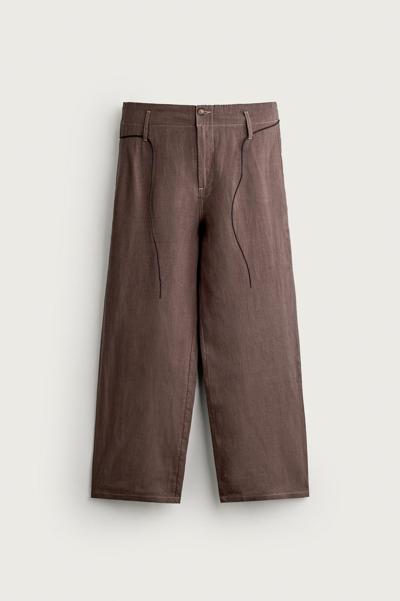 100% LINEN RELAXED FIT PANTS — Brown