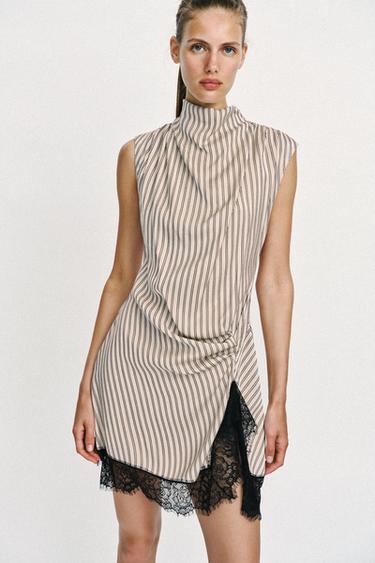 Zara STRIPED LACE MINI DRESS - Pink