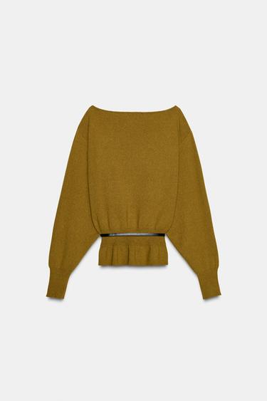 Zara 針織腰帶上衣 - 黃綠色