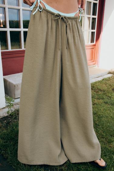 FLOWING DRAWSTRING PALAZZO TROUSERS - Light khaki by Zara