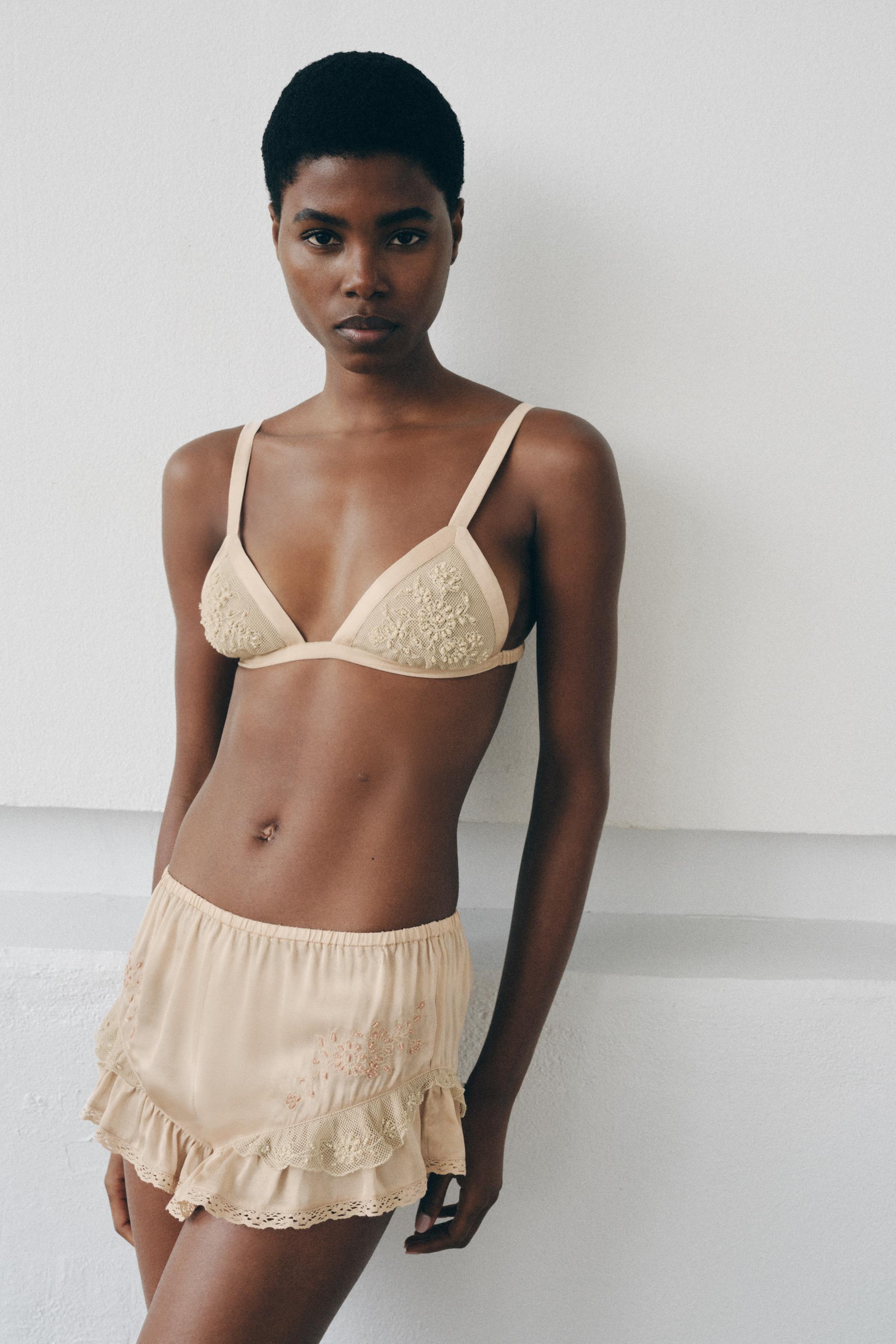 SATIN FINISH BEADED RUFFLE SHORTS