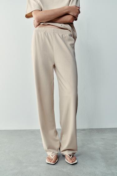Zara STRAIGHT-LEG COTTON PANTS - Sand