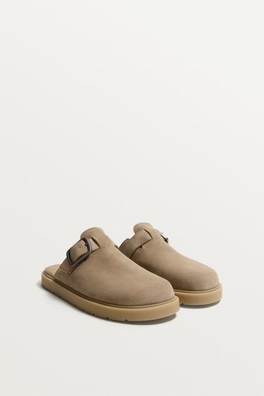 BUCKLED SPLIT SUEDE CLOGS - Brown by Zara