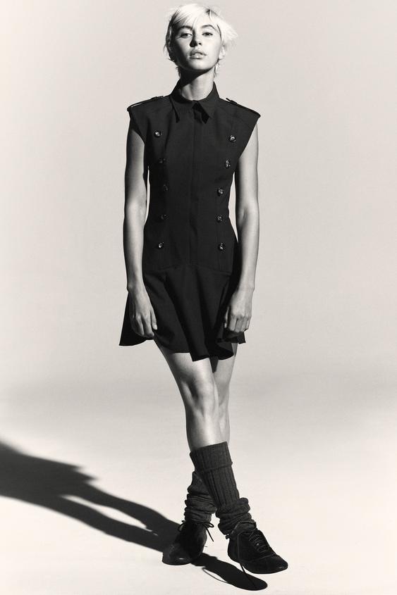 SHORT DRESS WITH SHOULDER PADS AND RUFFLES