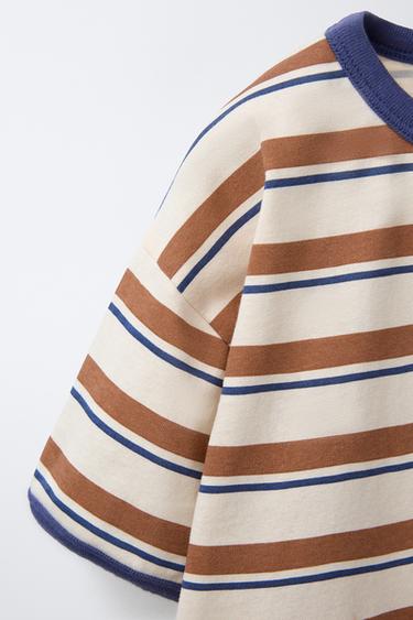 STRIPED T-SHIRT WITH TRIM - Brown / Ecru by Zara - Image 3