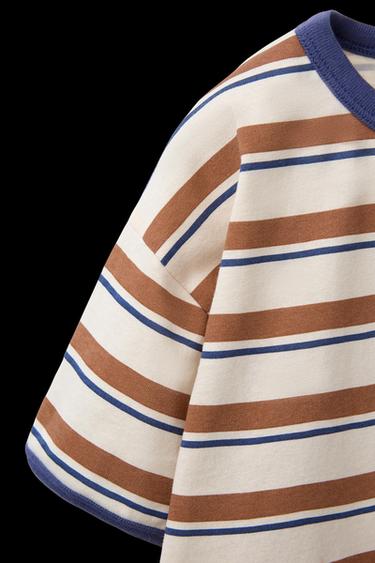 Zara STRIPED TRIM T-SHIRT - Brown / Ecru