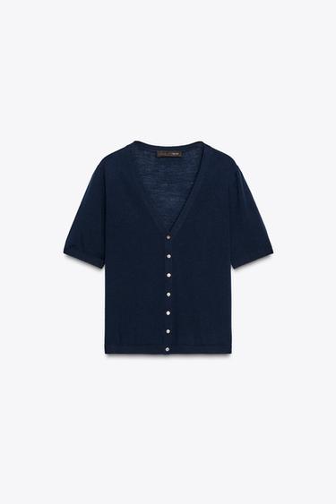 100% EXTRAFINE WOOL SHORT SLEEVE CARDIGAN - Navy blue by Zara - Image 5