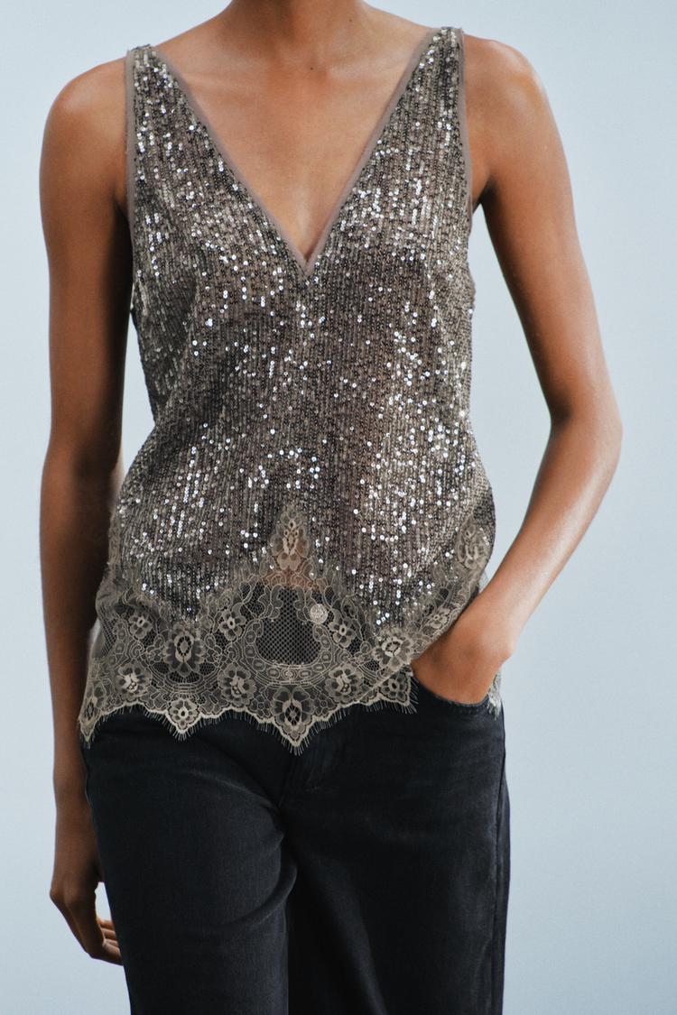 ZW COLLECTION SEQUIN TOP — Dark silver