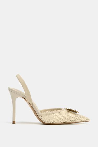 BRAIDED HIGH-HEEL SHOES WITH METAL APPLIQUÉ - Light beige by Zara - Image 0