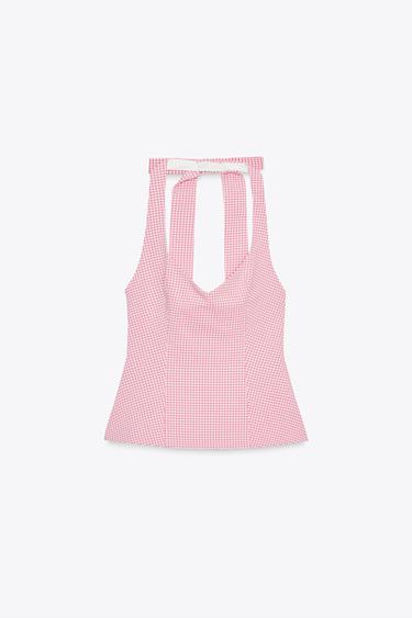 TOP HALTER NŒUD DOS - Rose / Blanc de Zara - Image 0