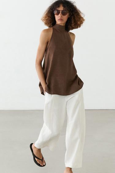 Zara 100% linen flowing halter top - Brown