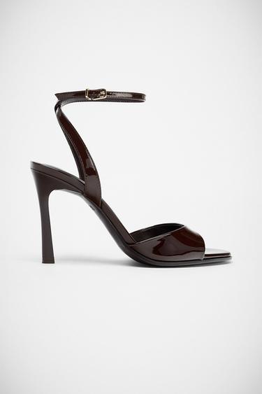 FAUX-PATENT-FINISH HEELED MULES - Brown by Zara