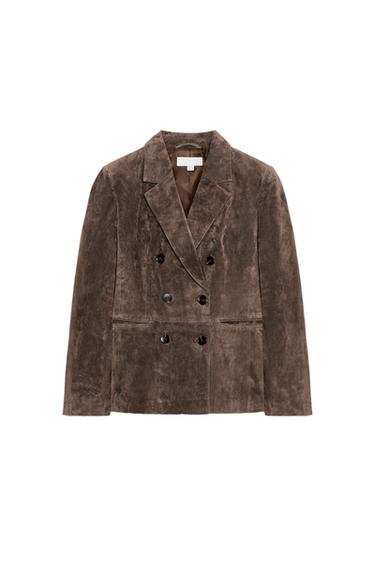 Zara DOUBLE BREASTED 100% LEATHER BLAZER - Khaki