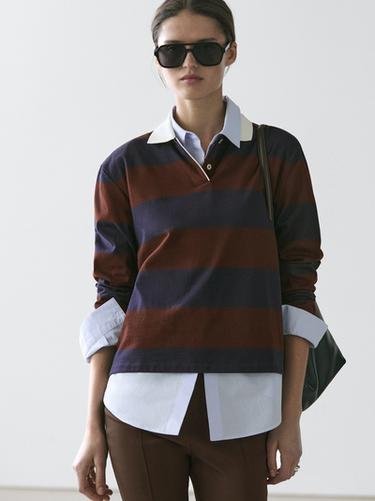 Zara Striped long sleeve cotton polo shirt - Navy blue