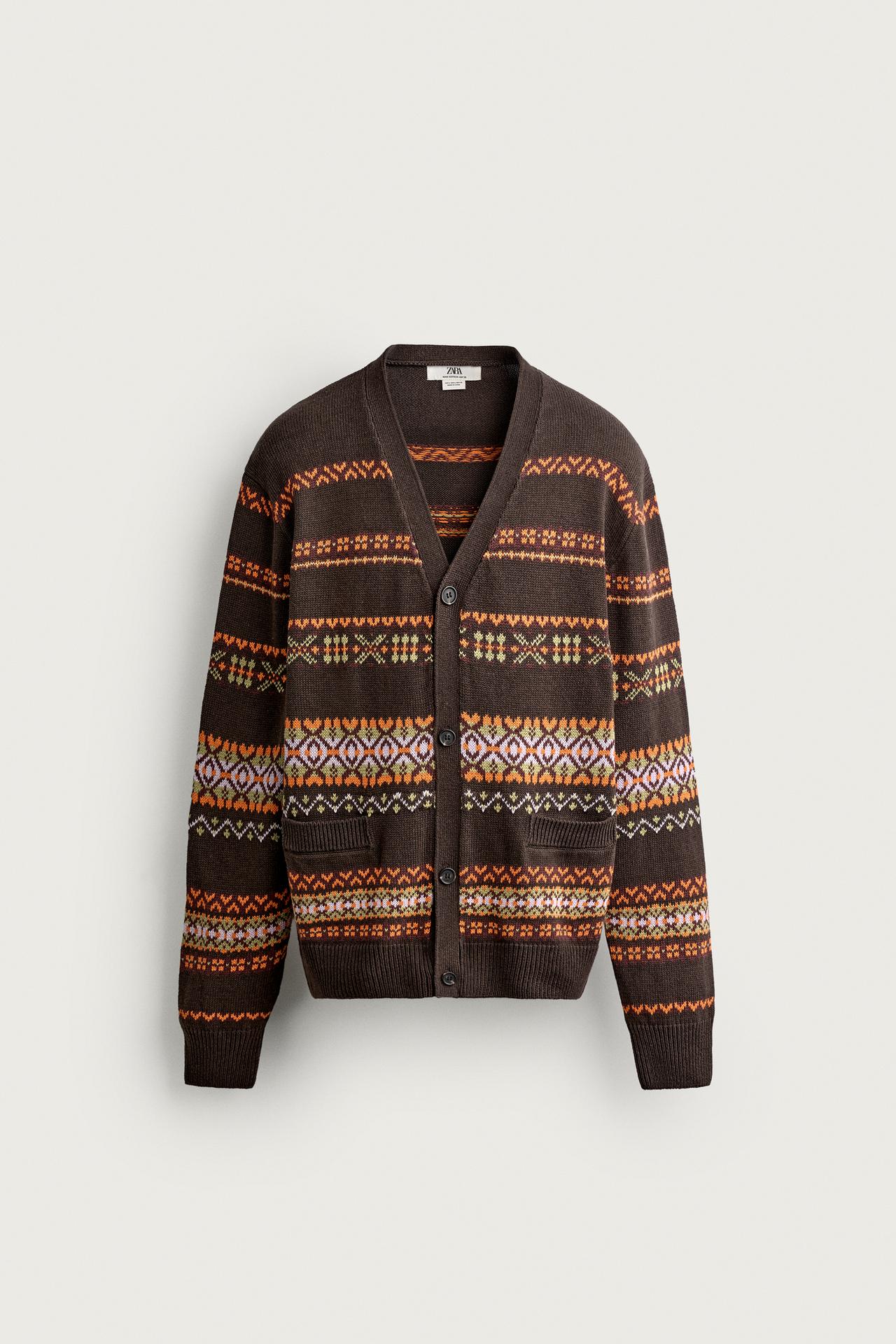 COTTON-LINEN JACQUARD REGULAR FIT CARDIGAN — Brown