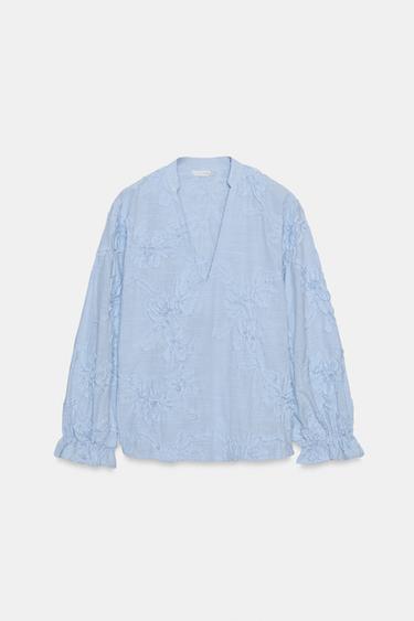 EMBOSSED FLORAL BLOUSE - Blue/White by Zara - Image 0
