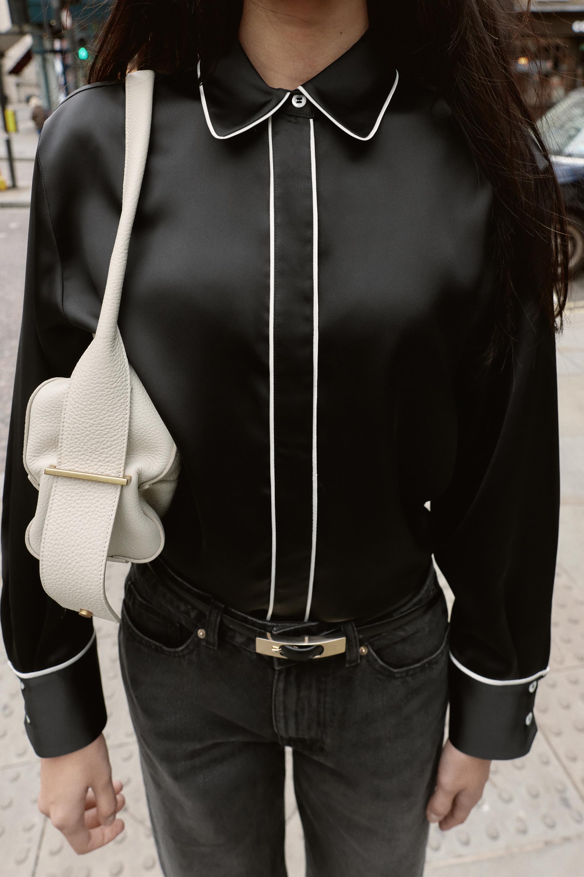 CONTRASTING PIPING OVERSIZED SATIN SHIRT