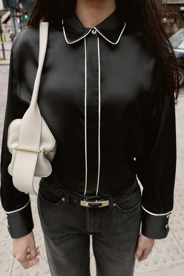 CHEMISE OVERSIZE SATINÉE À LISERÉS CONTRASTANTS - Noir de Zara - Image 1