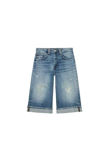 TRF MID-WAIST RIPPED DENIM JORTS - Blue by Zara