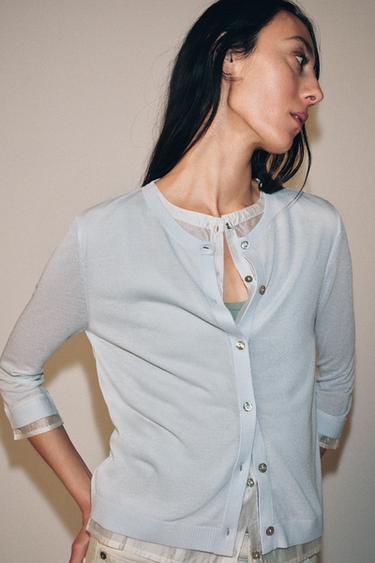 VESTE EN MAILLE COMBINÉE - Bleu / Blanc de Zara - Image 1